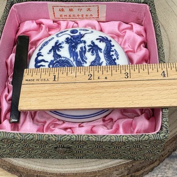 Vintage Chinese Red Cinnabar Paste Ink Dragon Porcelain Pot for Stamp Seal w Box - Picture 6 of 10